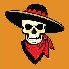 Mexican skull in sombrero. Bandit with hat and bandanna design