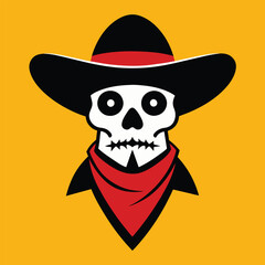 Mexican skull in sombrero. Bandit with hat and bandanna design