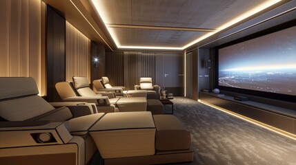 Home theater media room with large screen, surround sound and plush seating, entertainment experience
