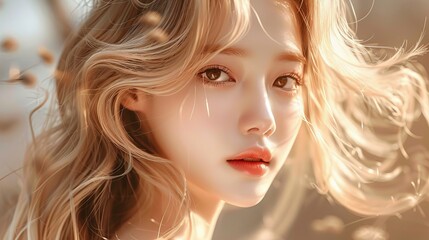 Naklejka premium Gold, Blond hair Korean young women, Happy, Pretty, Cutie. Concepts for product of color hair cosmetic