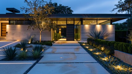 Modern entrance with a pivot door, architectural lighting and sculptural landscaping