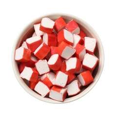Tasty crab sticks in bowl isolated on white, top view