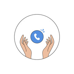 Hands holding a blue phone icon in the shape of a circle