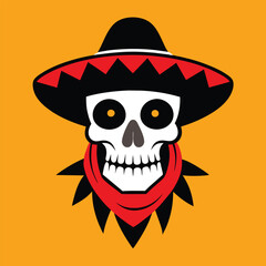 Mexican skull in sombrero. Bandit with hat and bandanna design