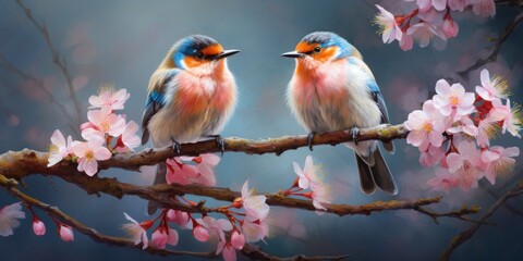 A bright colorful portrait of two birds sitting on a cherry blossom branch. Generative AI