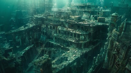Obraz premium A large, underwater city with a lot of debris and trash