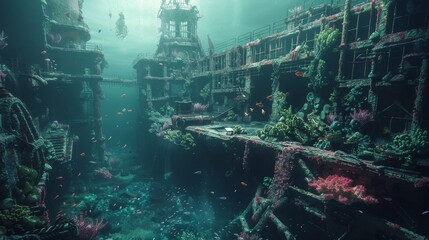 A large, underwater city with a lot of debris and trash