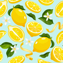 Vector seamless lemons pattern with blossom flowers, whole, half, slices lemons isolated on mint background.
