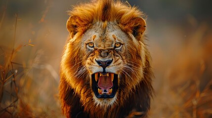 Wildlife in Action: A close-up shot of a majestic lion in the African savannah, captured mid-roar. The raw power and beauty of the animal are emphasized against the backdrop of the wild landscape