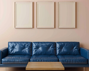 Triple frame mockup, light tan wall, blue leather sofa, minimalist beechwood table; ultra HD interior.