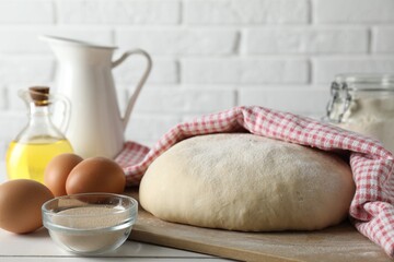 Raw dough and ingredients on white wooden table