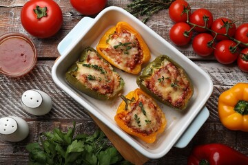 Tasty stuffed peppers in dish and ingredients on wooden table, flat lay