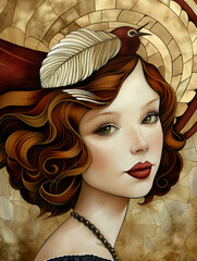 Art deco style portrait of a glamourous woman in earth tones