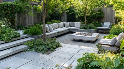 Detailed view of a modern garden with a stylish outdoor seating area, low-profile furniture, and a fire pit