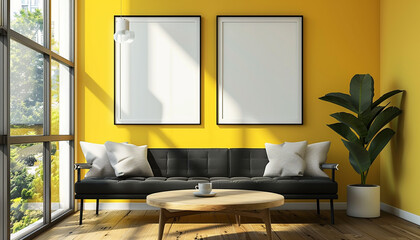 Two blank frames, sunny yellow wall, black minimalist sofa, round wooden table; ultra HD living space.