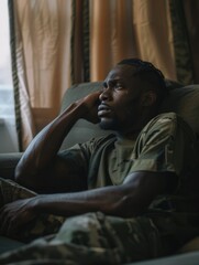 Obraz premium A man in a green shirt and camouflage pants is sitting on a couch. He is looking down and he is crying