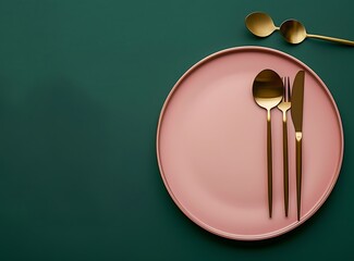 Minimalist mockup of a table setting with cutlery in golden colors and a pastel pink plate on a dark green background