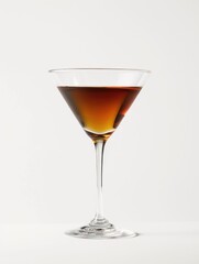 Fototapeta premium A glass of alcohol is sitting on a table. The glass is full and the liquid is brown