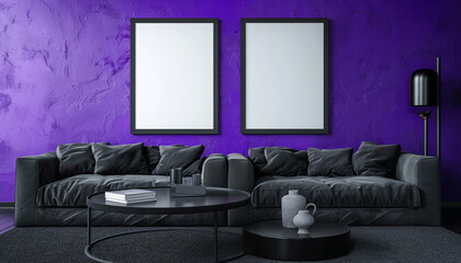 Two frames on a vibrant violet wall, charcoal grey sofa, modern black table; ultra-realistic 3D scene.