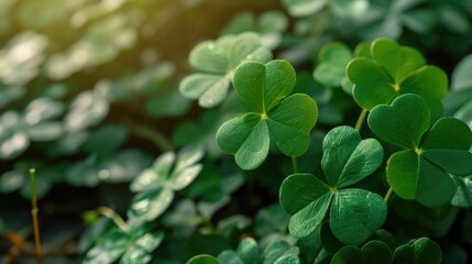 A close up of green clover leaves with dew on them. The leaves are arranged in a way that they resemble a four-leaf clover. Concept of freshness and new growth