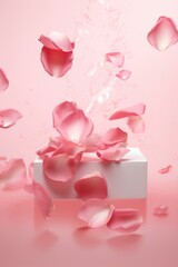 Pink flower petals are falling from the sky, creating a sense of beauty and serenity