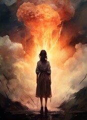 Silhouette of a woman standing before a dramatic explosion with fiery clouds and lightning.