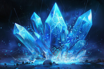 A vector illustration of a blue energy crystal, glowing and pulsing with raw energy and power.