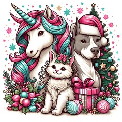 A unicorn and a cat with a christmas tree realistic lively art harmony.