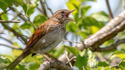 A bird is perched on a branch and is singing. The bird is brown and white in color