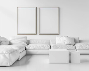 Ultra-modern white interior with two frames over a clean white wall, accompanied by a white Italian leather sofa and a minimalist white cube table.