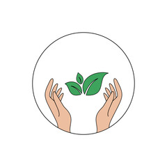Hands holding green leaves symbolizing environmental care in a circle