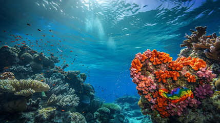 Fototapeta na wymiar Undersea view coral reefs in Pride colors and a heart-shaped coral formation on the right blending marine life pride themes.