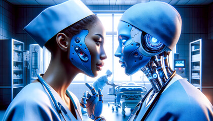 A human and a robot nurse face each other in a futuristic medical setting, highlighting the blend of human and robotic healthcare professionals in a high-tech hospital.