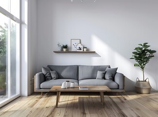 Minimalist Scandinavian living room interior with grey sofas