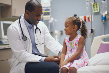 Obraz premium Black male doctor providing medical attention to a little girl in a hospital setting. Demonstrating dedicated pediatric care.