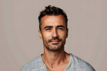Fototapeta premium Handsome man in his 30s, on a beige background in a studio with wrinkles and causal hair, smiling and looking happy