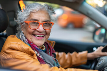 Delighted senior lady enjoying a solo car ride, embracing the independence of driving. Promoting safe driving habits for elderly drivers, ensuring their well-being on the road. Arabian.