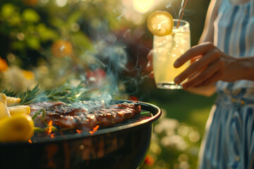 Individual grilling on an outdoor barbecue and sipping lemonade. Garden barbecue gathering in full swing.