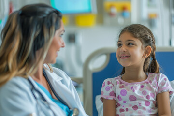 Latino female doctor taking care of a young girl in a hospital room. Depicting nurturing medical support for pediatric patients.