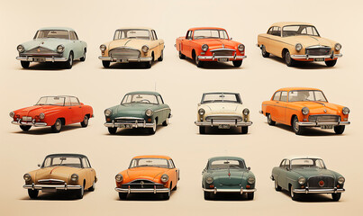 Vintage cars are presented on a beige background. Ideal for vintage car lovers or car collectors. Each photograph is unique and captures the essence of classic cars.