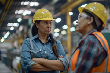 Latino female supervisor admonishing an employee in a modern industry factory. The worker is being corrected for making a mistake. 