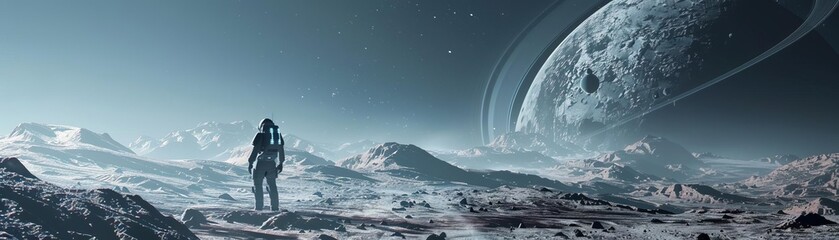Capture the essence of futuristic space exploration as seen from behind