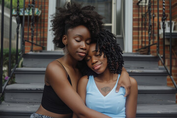 Two Black sisters sitting on stairs in front of a house, sharing a heartfelt embrace. Capturing the essence of sisterly love and the strong relationship between siblings.