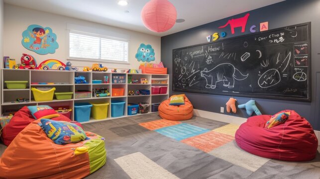 A playroom features comfortable bean bags and a chalkboard, creating a fun and creative space for children to play and learn.