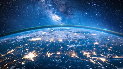 Obraz premium A view of the Earth from space, with the night sky filled with stars