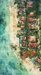 Craft a detailed aerial view of a serene coastal town