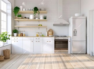 Minimalistic white kitchen interior with a light wooden floor