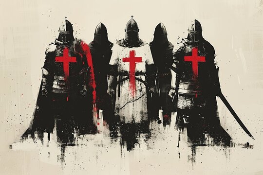 A minimalist illustration of Templar knights, utilizing clean lines and sparse details to portray the essence of their order and chivalry, capturing the iconic imagery of knights in armor