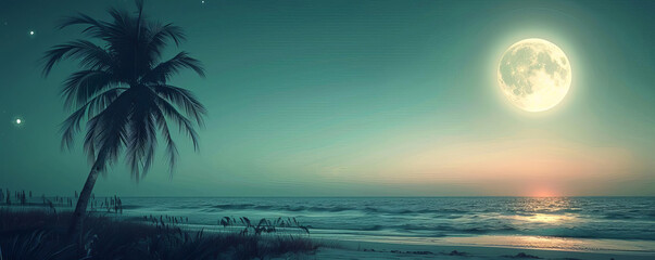 Obraz premium Illustration of a lone palm tree silhouette standing tall against a glowing moonlit backdrop