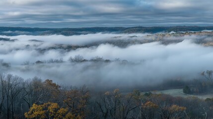 Obraz premium A thick blanket of fog envelops the surrounding landscape obscuring the horizon and giving an eerie appearance.